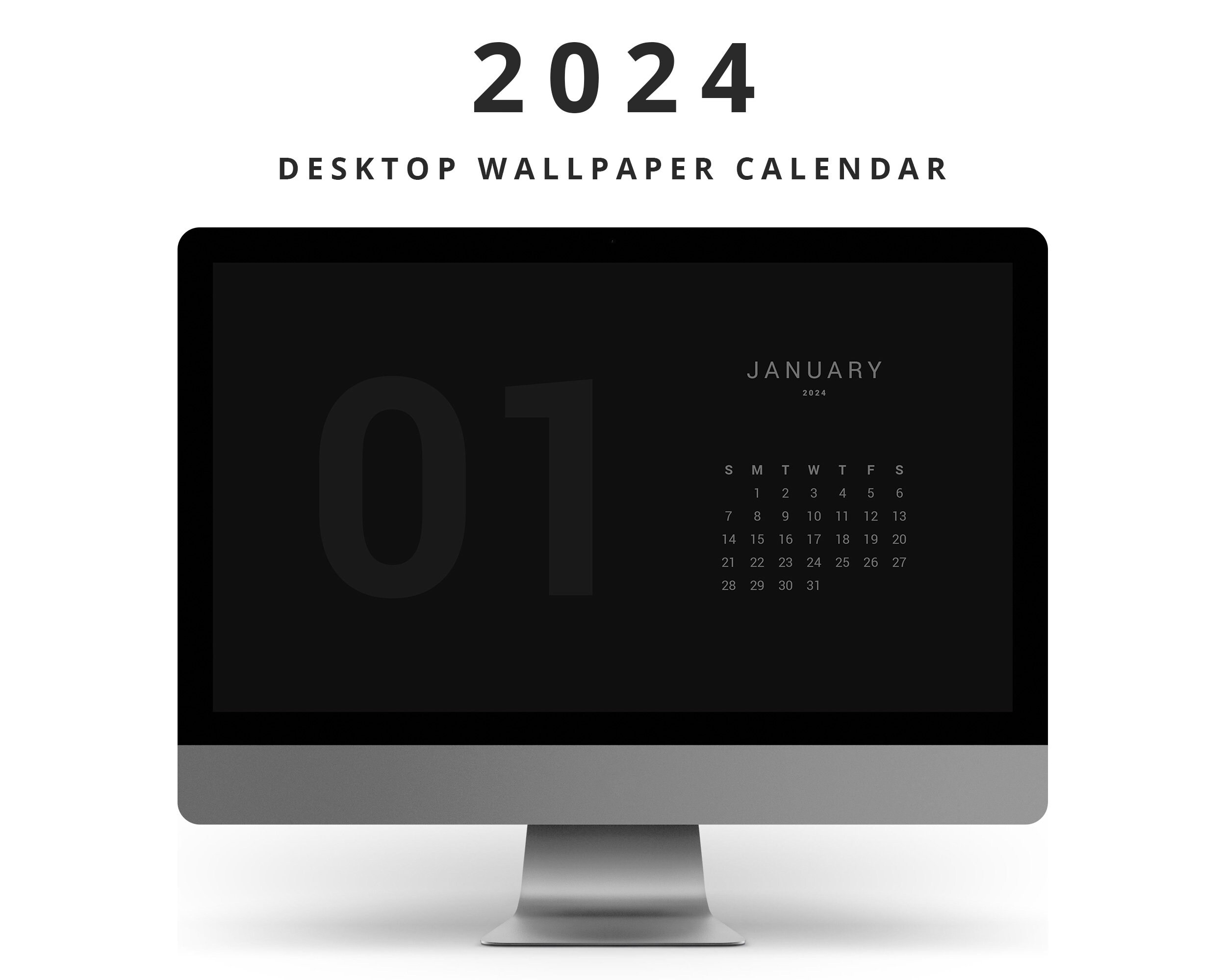 Dark Aesthetic Desktop Calendar 2024, Minimal Computer Background