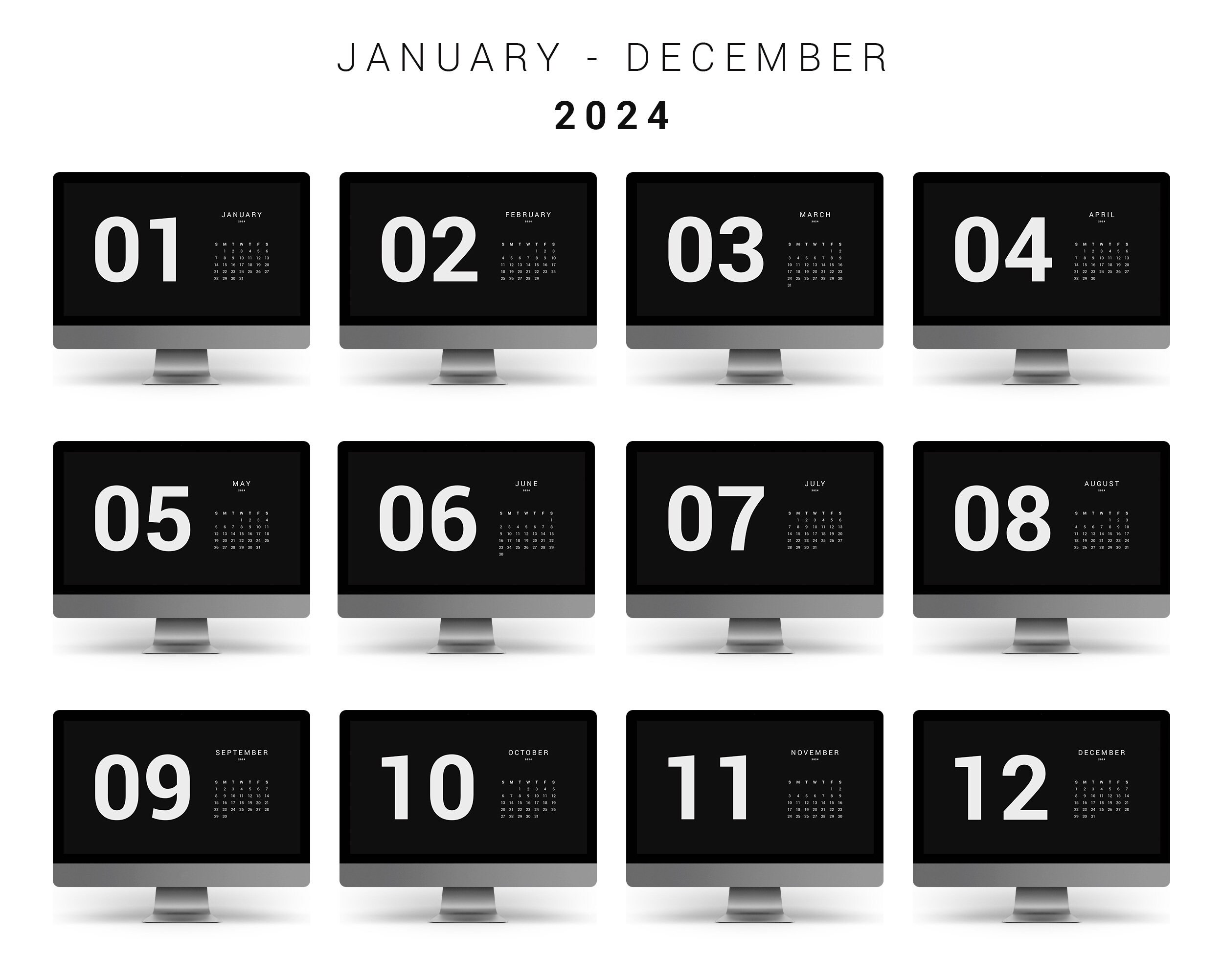 Desktop Wallpaper 2024 Black and White, Dark Desktop Calendar