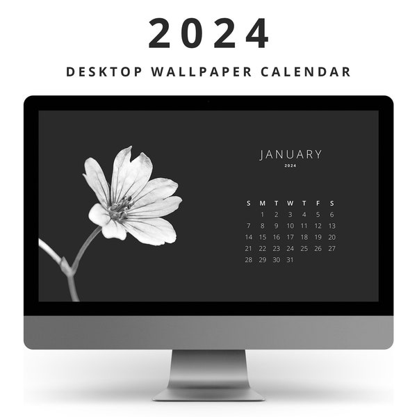 2024 floral computer background calendar, dark black and white flower desktop wallpaper, minimal aesthetic