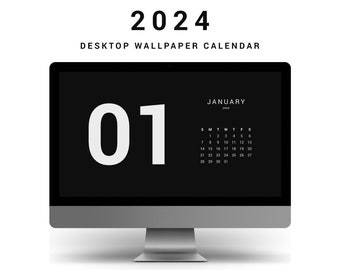 Desktop wallpaper 2024 black and white, dark desktop calendar, aesthetic computer background