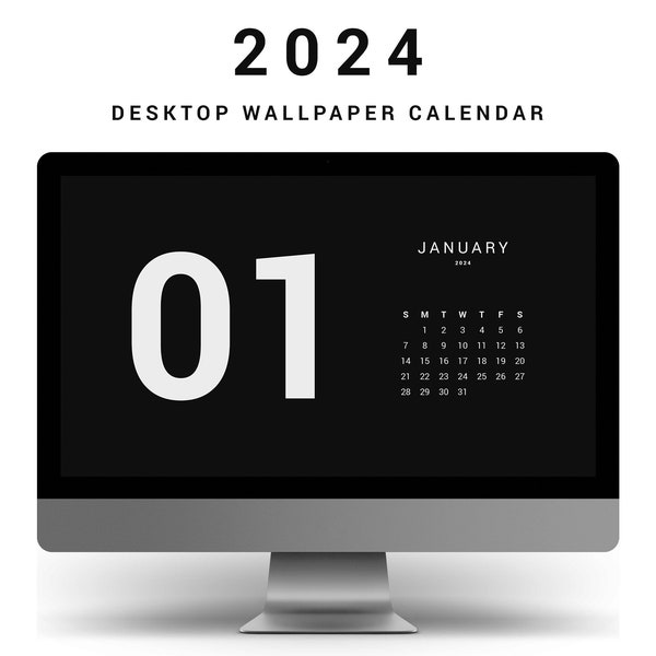 Schwarzweisser Desktop Hintergrundbild Kalender 2024, modern minimalistisch, einfacher Computer Hintergrund