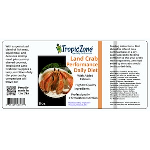 May include: TropicZone Land Crab Performance Daily Diet, an 8 ounce bag of food for land crabs, with added calcium and highest quality ingredients. The bag features a colorful image of a land crab on a white background. The text "Proudly made in the USA" is printed on the bottom left corner of the bag.