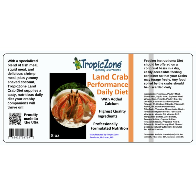 May include: TropicZone Land Crab Performance Daily Diet, an 8 ounce bag of food for land crabs, with added calcium and highest quality ingredients. The bag features a colorful image of a land crab on a white background. The text "Proudly made in the USA" is printed on the bottom left corner of the bag.