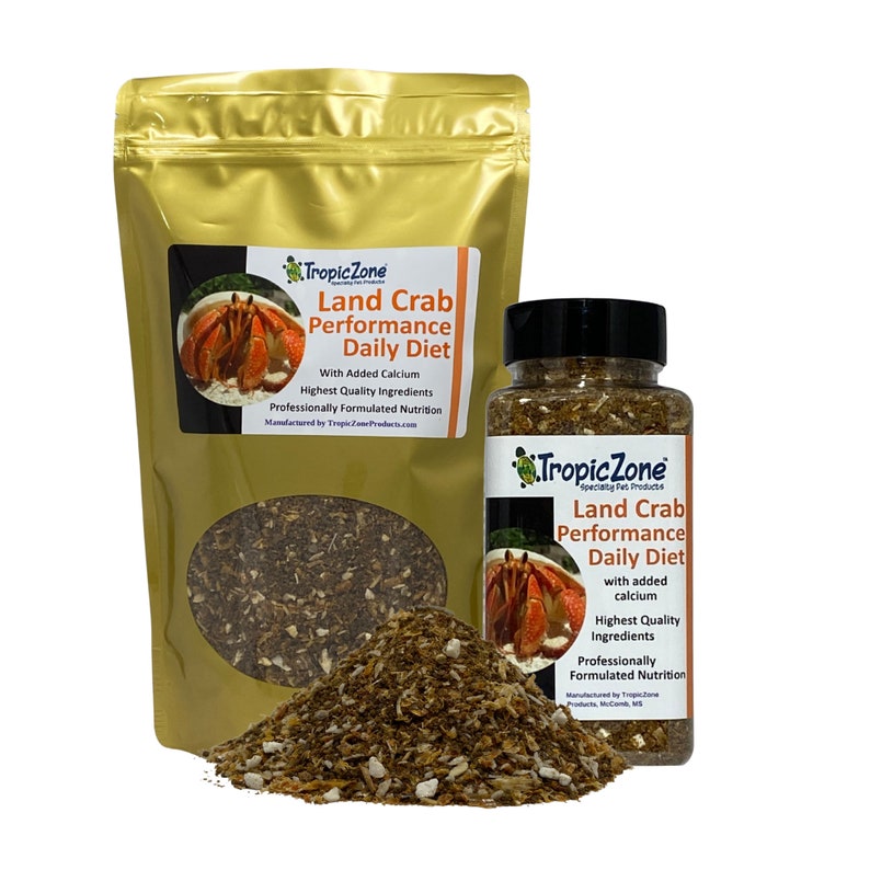 May include: A gold bag and a clear jar of brown land crab food with a hermit crab on the label. The label reads "Tropic Zone Land Crab Performance Daily Diet with added calcium. Highest Quality Ingredients. Professionally Formulated Nutrition."