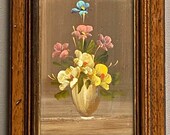 antique miniature oil painting on wood. Wooden frame with glass and red velvet back side. Vintage floral still life in warm colors,France.