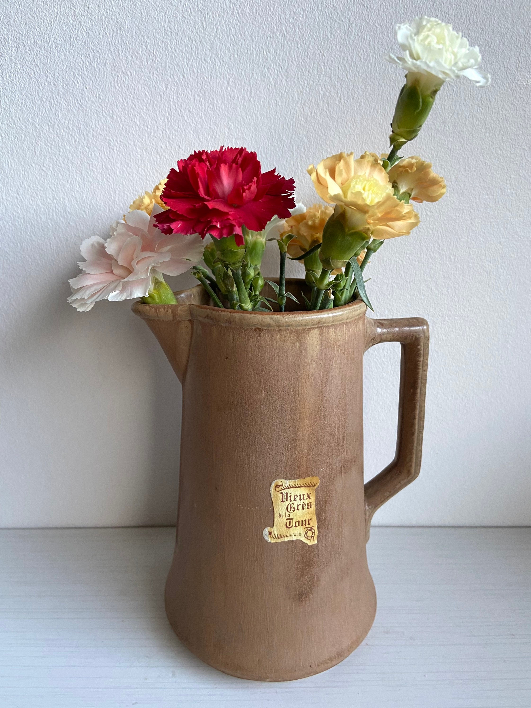 Pichet en Grès Français Vintage. Vase Céramique Beige Cacao Du Milieu Siècle. Décor de Cuisine Style