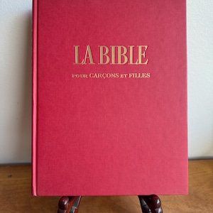 Biblia francesa vintage para niños y niñas. Gran libro ilustrado, educativo, religioso, literario. Libro de tapa dura roja con letras doradas.