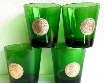 Vintage Cocktail Glasses DUBBONET, Set of 4. Mid- century Italian Green Drinkware. Gold Coins w/French Kings Portraits Decor Liquor Glasses.