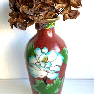 Miniature Vintage Cloisonne Vase: Terracotta Floral Enamelware