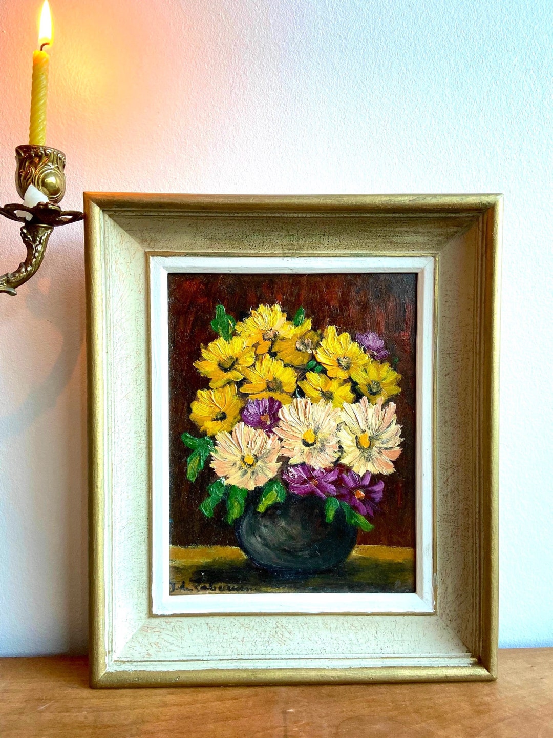 French Vintage Original Oil Painting on Board. Mid-century Floral Still ...