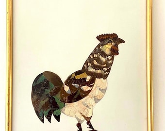 African Butterflies Wings Framed Collage Cockerel, 1970s. Vintage Wall mounted Polychrome decor. Rooster Artwork in Gold Wooden frame.
