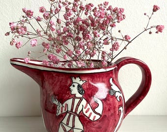 Collectible DERUTA MAJOLICA Handmade & Hand Painted Ceramic Creamer. Vintage Italian Tin-Glazed Earthenware. Fuchsia White Black  Pitcher.