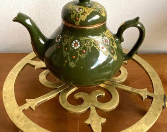 Antique French Porcelain Teapot Egoist. LA SAINT UISIENNE Miniature Olive Green Gold Hand Painted Teapot,290 ml. Vintage Marked Art Pottery.