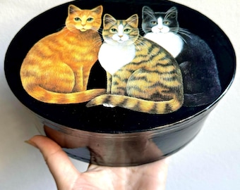 Vintage Oval Black Cardboard Storage Box with Cats Decor Lid.  Jewelry Trinket Lacquered Paper Chest.