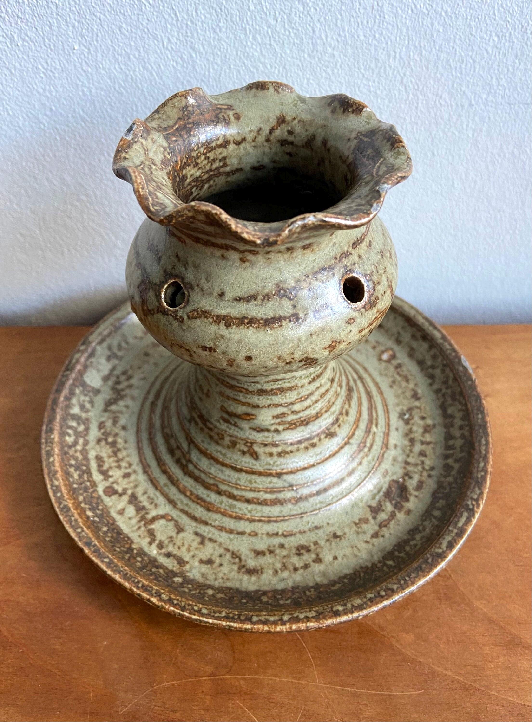 Antique French Ceramic Candleholder. Beige Ironestone
