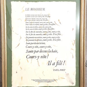 Vintage French Framed Poem HAPPINESS. Original Art Print on Handmade Paper with Petals and Leaves .Sustainable Green Golden Home Decor.