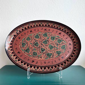 Vintage Handcrafted Asian Oval Lacquered Wood Tray. Peach Pink Emerald Floral & Animalistic Decor Lacquerware, Myanmar. Pagan Lacquer Crafts