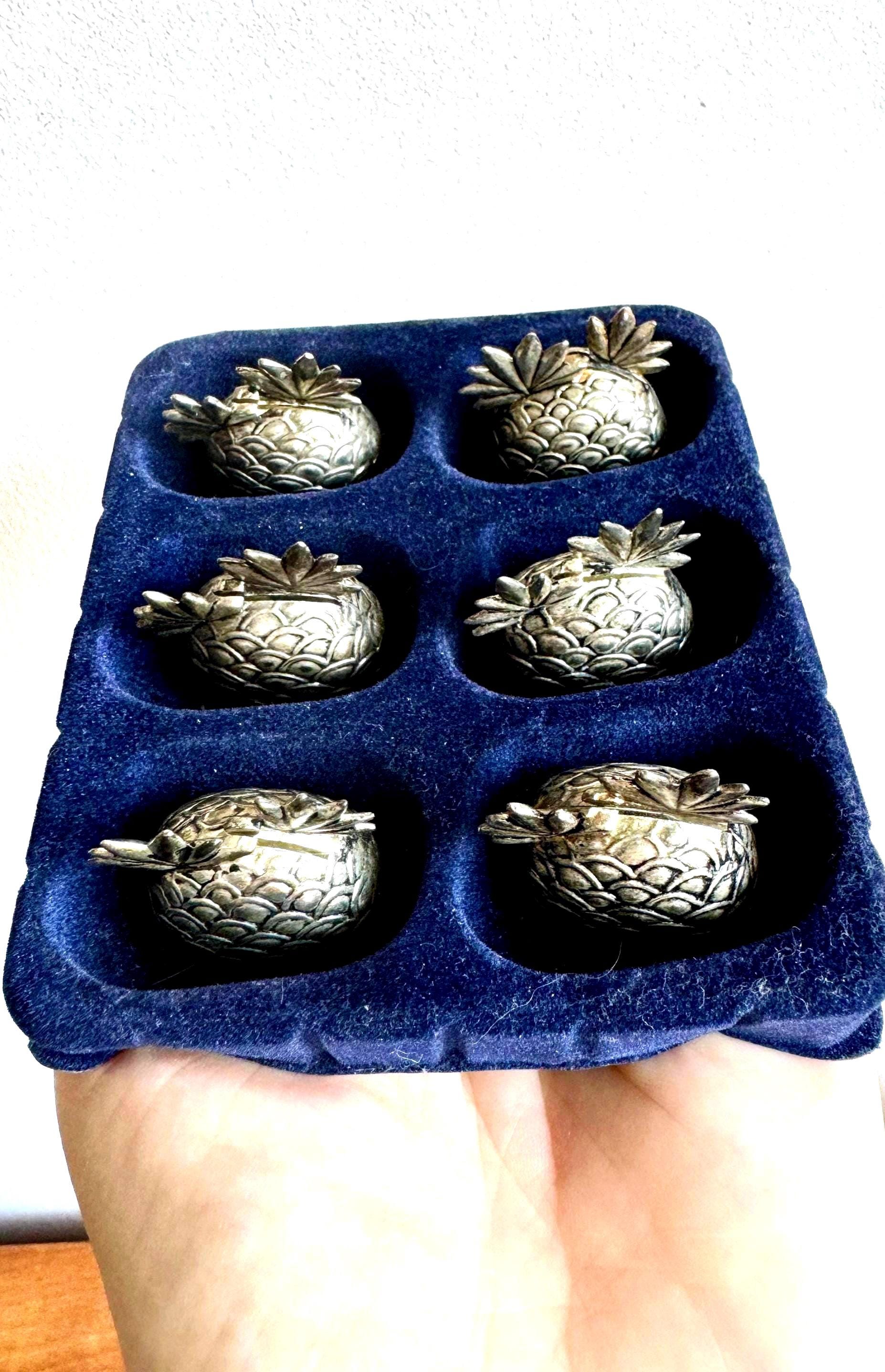 Set of 6 Knife Rests, Vintage Silver Plated Marked Cutlery Rest. Pineapple Shaped, SILEA. Festive Table Decor.