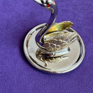 Vintage Swan Jewelry Holder. Small Silver-Plated & Gilded Ring Dish. French Vanity Decor. Ruby Red Rhinestone Eyes Mid Century Trinket Dish.