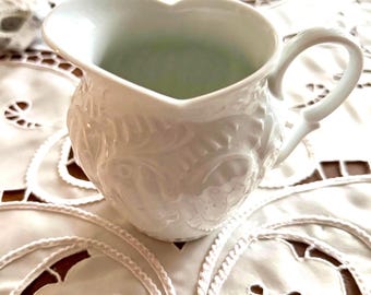 LIMOGES Vintage French White Embossed Porcelain Creamer. Antique Marked  Floral Relief Decor Small Pitcher.
