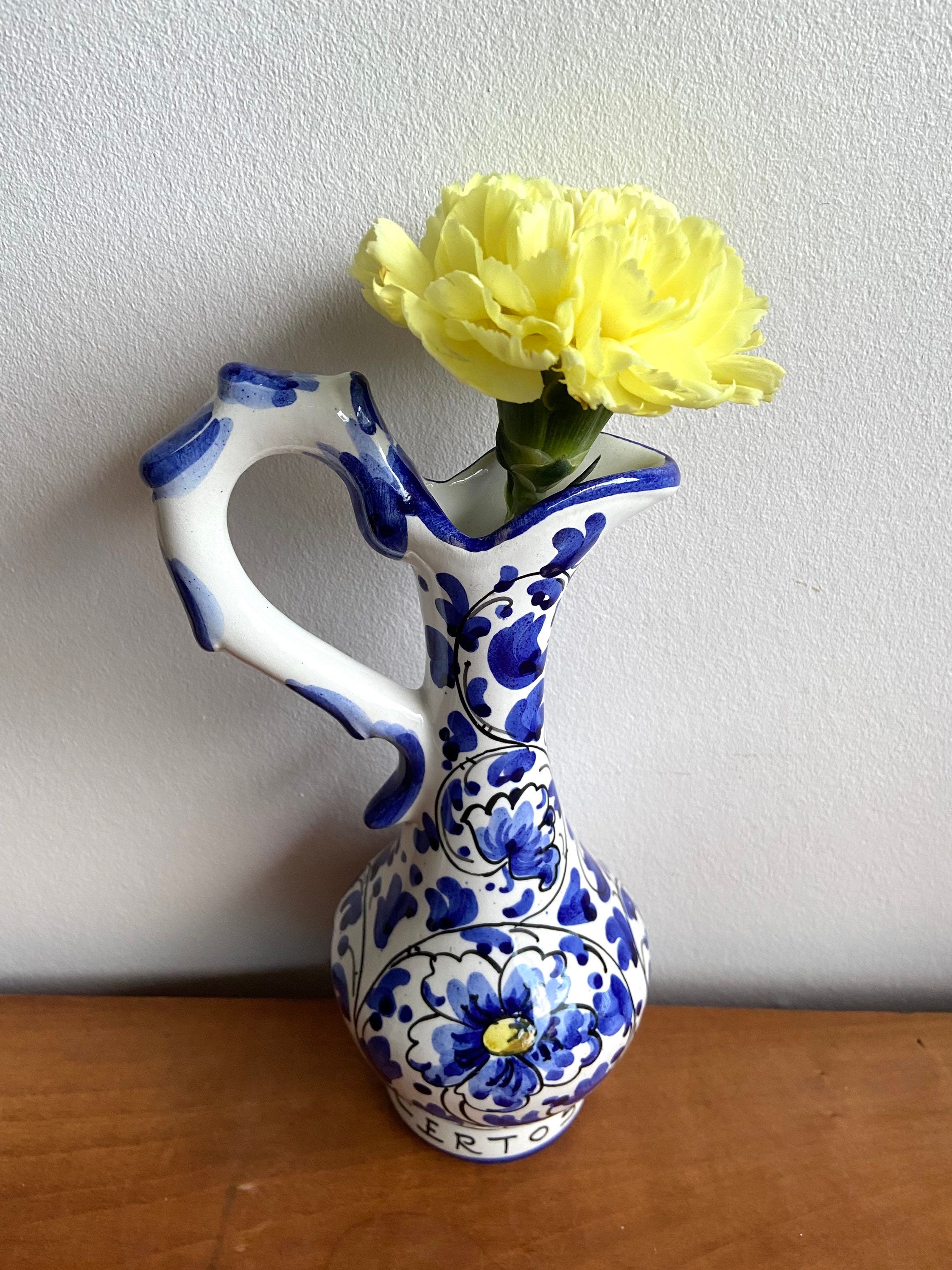 Vase en Céramique Peint à La Main Italien Du Milieu Siècle. Pichet Original Bleu Cobalt, Blanc et Ja