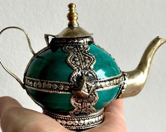 Vintage Arabic Miniature Ceramic & Alpaca Ornated Decorative Teapot. Handcrafted Moroccan Turquoise and Silver Plated Berral.