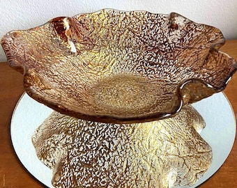 Vintage French Umber Glass Bowl. Midcentury Textured Art Glassware. Brown Gold Translucent Wavy Display Dish. Mothers Day Gift.