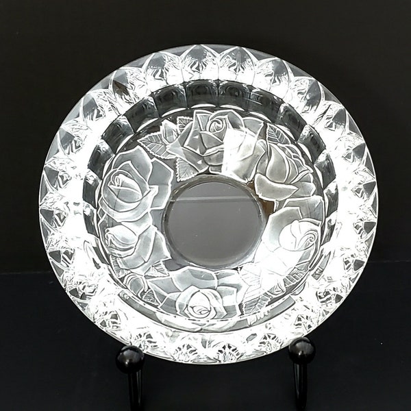 Absolutely Stunning 8" Ash Tray, Heavy Crystal in Pristine Condition, Fluted Edges and Ring of Frosted, Embossed Roses - hard to find!