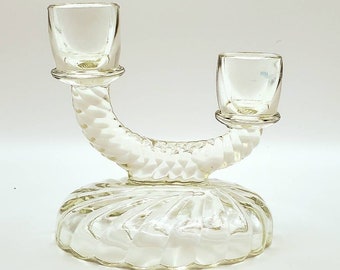 Vintage Double-Light Candlestick Holder by Imperial Glass Ohio, Newbound Clear Pattern, Swirl Design