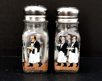 Pair of Vintage Salt & Pepper Shakers with Stainless Steel Lids, Cute Waiter Scenes - Excellent Condition