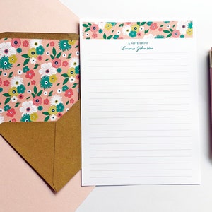 Personalised Writing Paper Set, Writing Papers & Kraft Envelopes with Coordinating Envelope Liners, Stationery Gift Set, Bright Florals