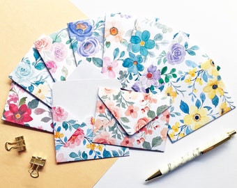 Watercolour Flowers Mini Envelopes, Set of 10 Handmade Envelopes With Blank Notecards, Patterned Envelopes, Note Cards, Mini Cards