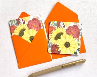 Autumn Sunflower 3x3 Mini Cards, Set of 8 Handmade Cards with Envelopes, Note Cards, Small Blank Cards, Thank You Cards