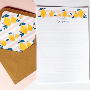 Personalised Writing Paper Set, Writing Papers & Kraft Envelopes with Coordinating Envelope Liners, Stationery Gift Set, Pink Lemonade