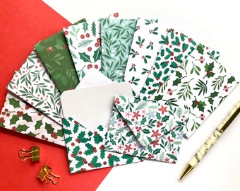 Boughs of Holly Mini Envelopes, Set of 10 Handmade Envelopes With Blank Notecards, Patterned Envelopes, Note Cards, Mini Christmas Cards