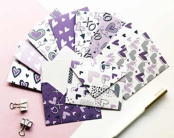 Purple Hearts Mini Envelopes, Set of 10 Handmade Envelopes With Blank Notecards, Patterned Envelopes, Notecards, Mini Cards
