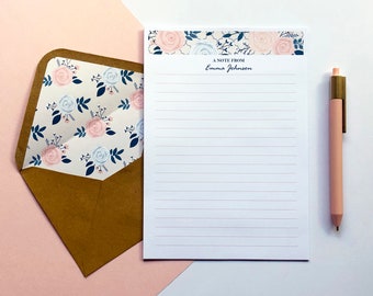 Personalised Writing Paper Set, Writing Papers & Kraft Envelopes with Coordinating Envelope Liners, Stationery Gift Set, Pink Navy Floral