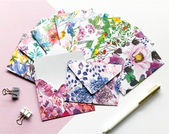 Watercolour Garden Mini Envelopes, Set of 10 Handmade Envelopes With Blank Notecards, Patterned Envelopes, Notecards, Mini Cards