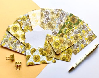 Rustic Sunflowers Mini Envelopes, Set of 10 Handmade Envelopes With Blank Notecards, Patterned Envelopes, Note Cards, Mini Cards