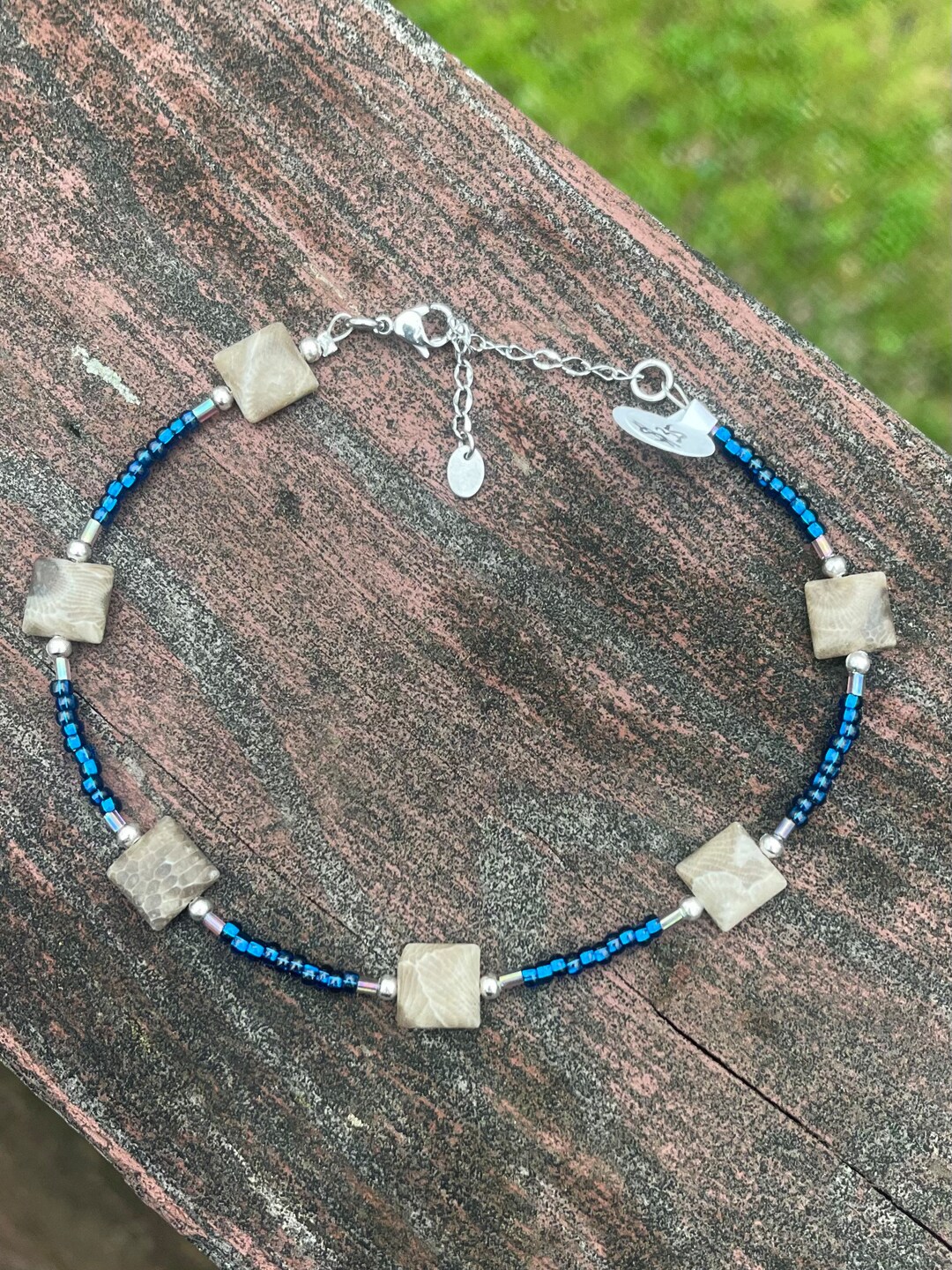 Beautiful Deep Blue Beaded Anklet With Michigan Petoskey Etsy