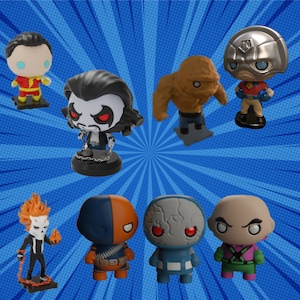 May include: A collection of eight superhero figurines, including a red and gold figure with a cape, a black and red figure with a cape, a brown figure with a cape, a blue figure with a cape, a grey figure with a cape, a red and black figure with a cape, a grey figure with a cape, and a purple figure with a cape.