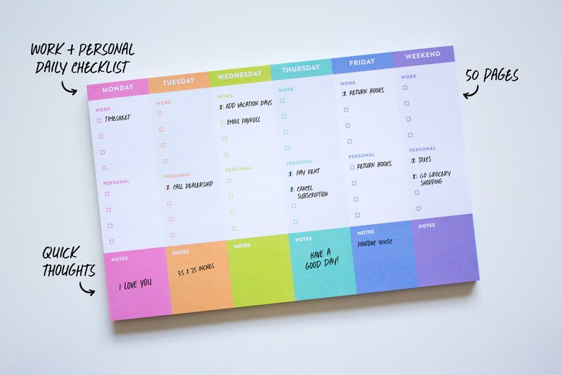 Work/personal Weekly Planner Tear off Pad 50 Sheets Desk Etsy
