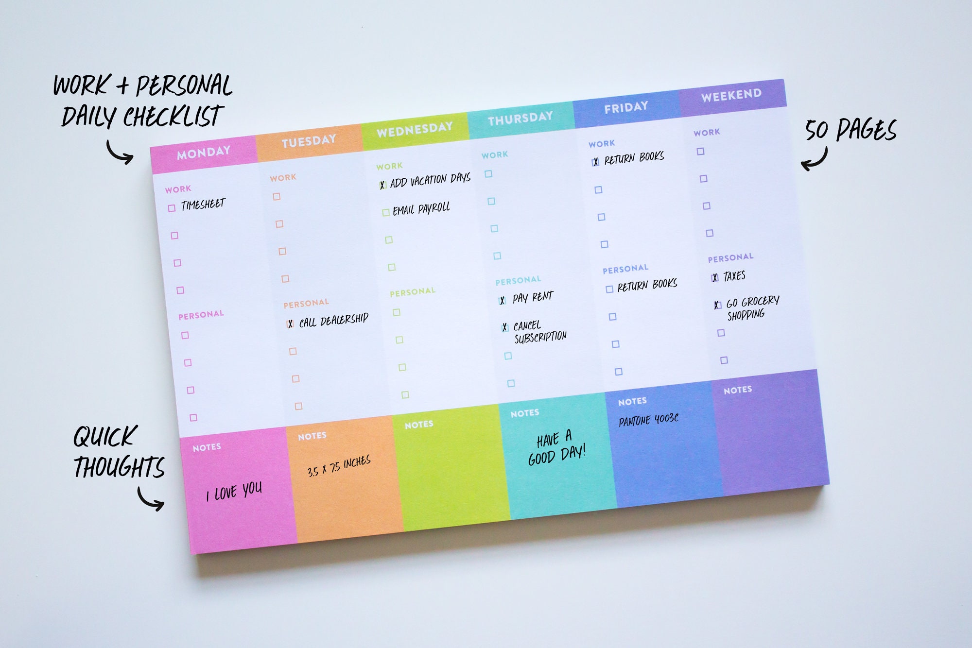 Work/personal Weekly Planner Tear off Pad 50 Sheets Desk Etsy