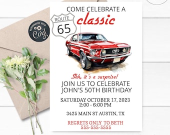 May include: A printable invitation for a 50th birthday party. The invitation features a red classic car with a Route 65 sign and the text "Come Celebrate a Classic". The invitation also includes the date, time, and location of the party.