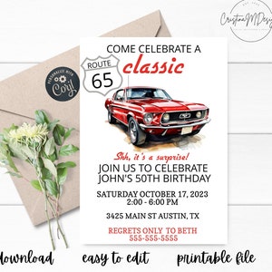 Roter mustang Oldtimer Geburtstagseinladung,50er 60er 70er Geburtstag, Feier einen Klassiker, Vintage Car Geburtstag, Auto, Sofort Download,Corjl