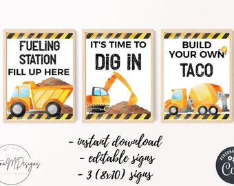 Editable Construction Birthday Party Signs, Trucks, Fueling Station (Digital Download)