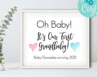 Our First Grand Baby 10x8 print, Pregnancy Announcement, Grandparent Reveal, Baby Shower, Gender Reveal, Instant download, Edit with Corjl