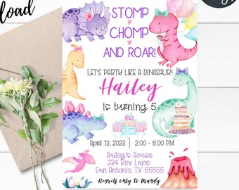 May include: A pink dinosaur birthday party invitation with a watercolor design. The invitation says "Stomp Chomp and Roar! Let's party like a dinosaur! Hailey is turning 5. April 13, 2023 2:00-5:00 PM Hailey's House 234 Rex Lane San Antonio, TX 55555 Regrets only to Mandy"