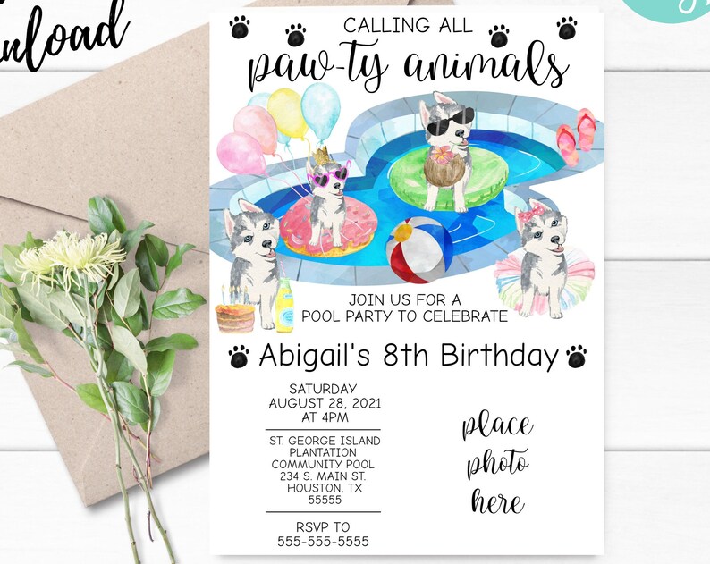 Photo Pawty Animals Pool Party InvitationEditable Dog Birthday InvitationBirthday PartyHuskies Pool PartyInstant downloadEdit