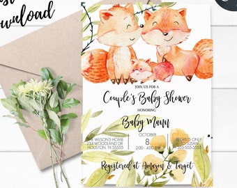 Woodland Fox Couples Baby Shower Invitation,Woodland Animals,Gender Neutral Baby,Watercolor Fox,Baby Fox,Instant Download,Edit with Corjl